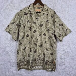 Davoucci‎ Mens Large Vintage Tiki Tribal Print Short Sleeve Button Up Shirt